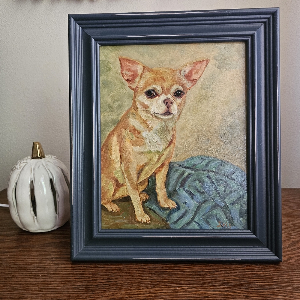 Abstract oil Painting cute Dog, Chihuahua, With Frame